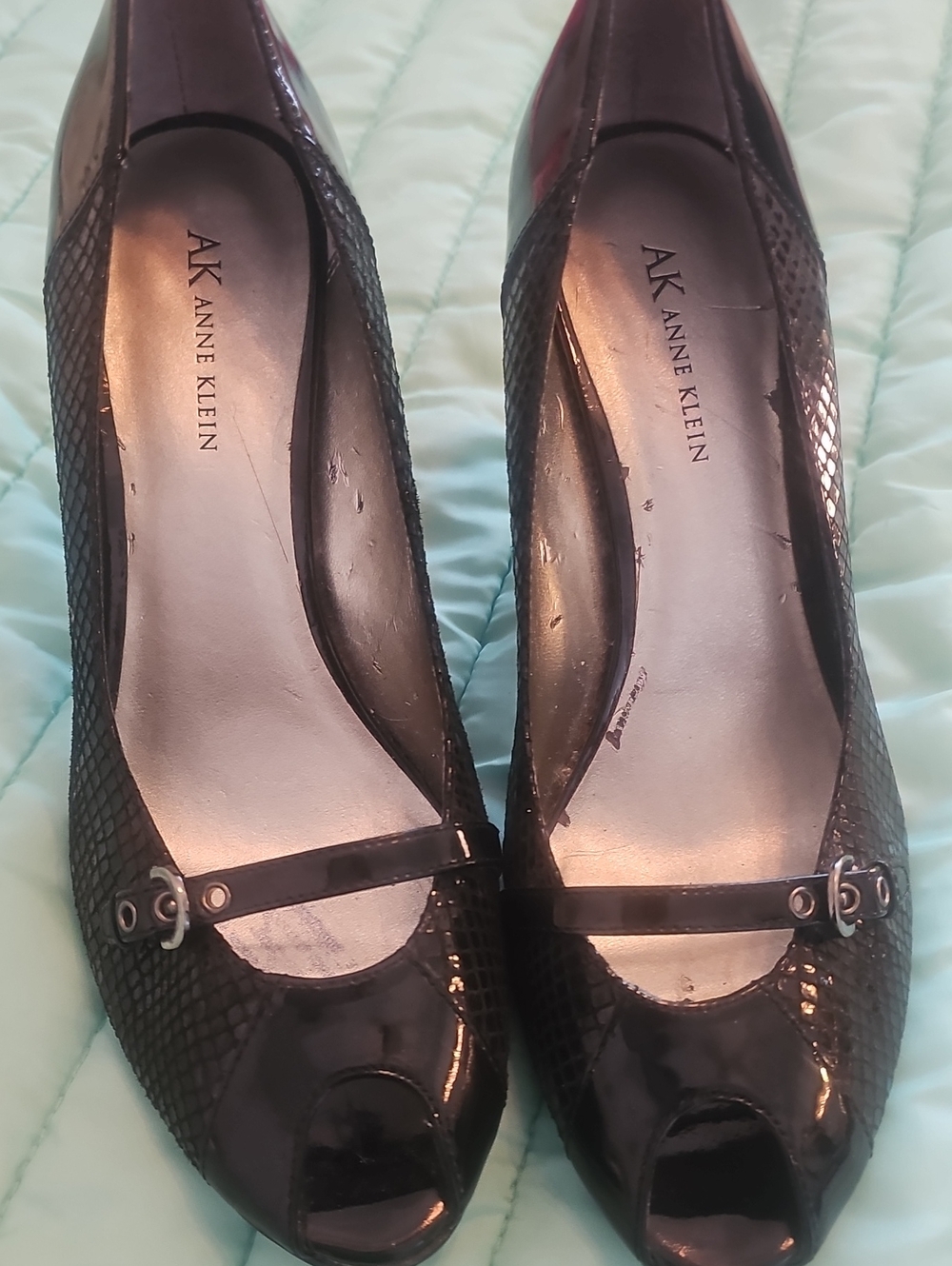 Anne Klein Black Textured Peep-Toe Pumps with Strap